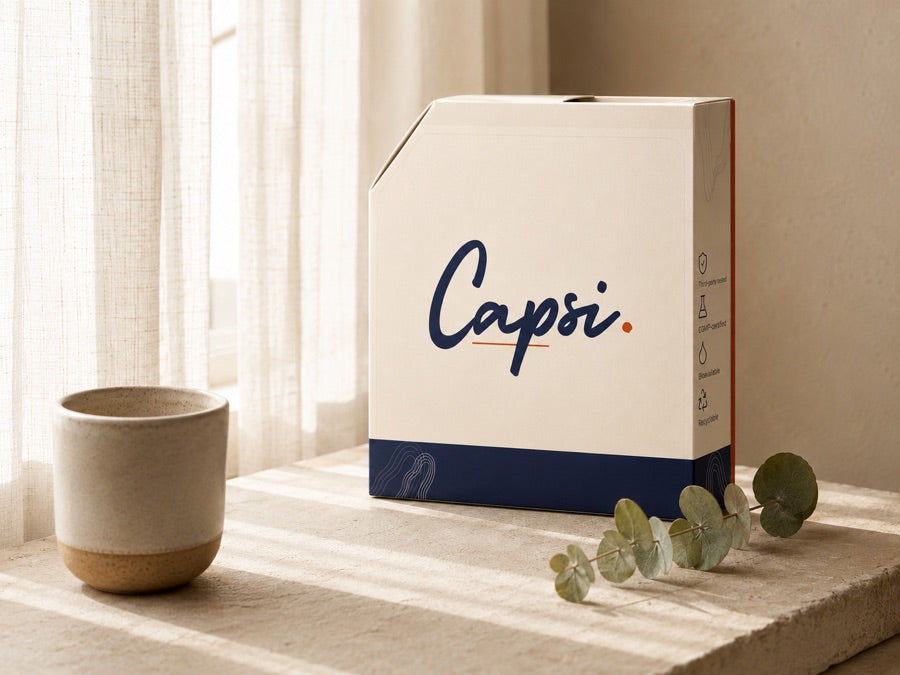 Capsi supplement box on a sunlit table with a ceramic mug and eucalyptus